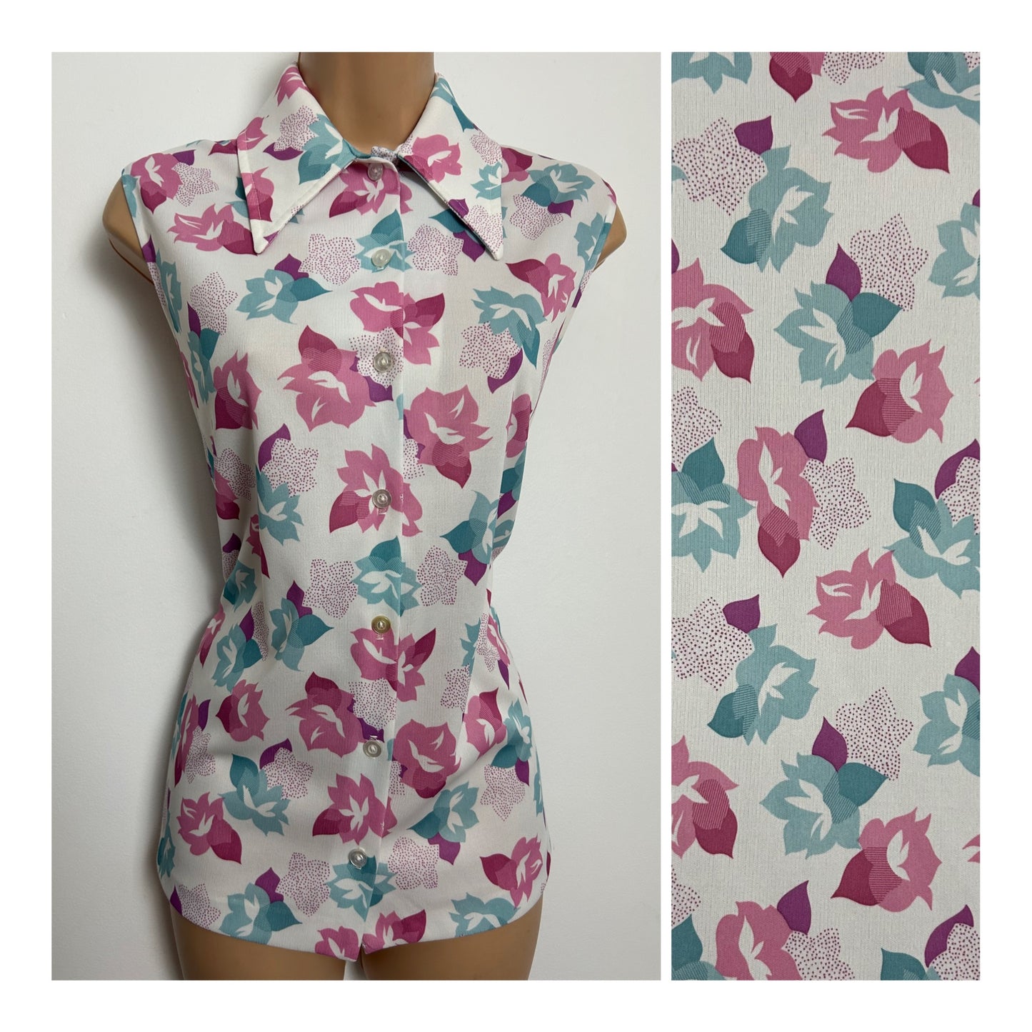 Vintage 1970s SEARS Size 14 White Pink & Blue Leaf Print Sleeveless Dagger Collar Shirt