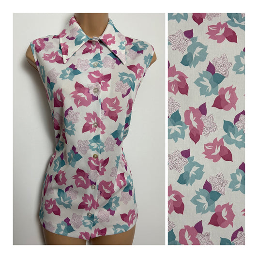 Vintage 1970s SEARS Size 14 White Pink & Blue Leaf Print Sleeveless Dagger Collar Shirt