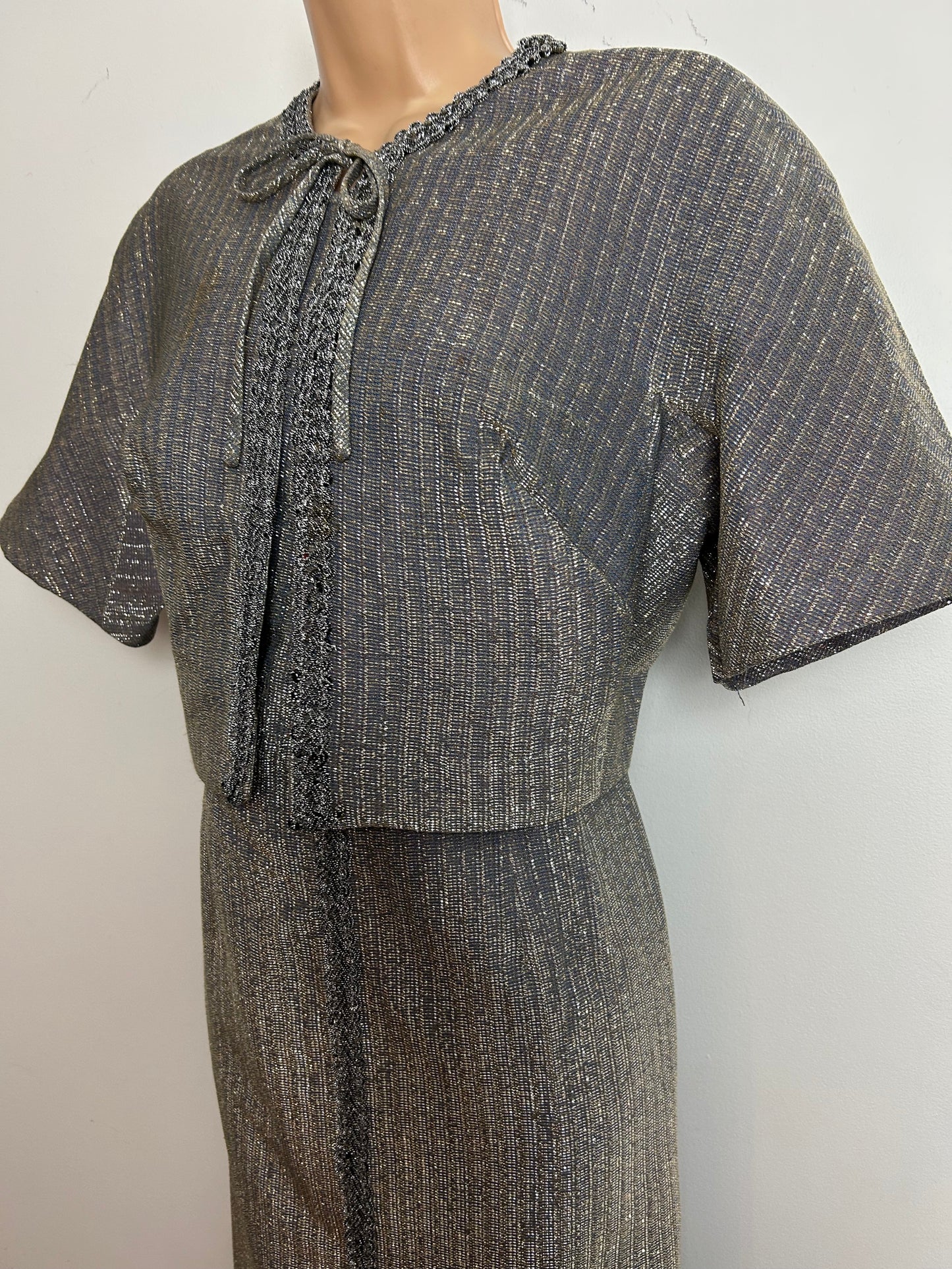 Vintage 1960s BERBRIGHT LONDON Size 12 Silver Lurex Braid Trim Evening Party Dress & Matching Cropped Jacket