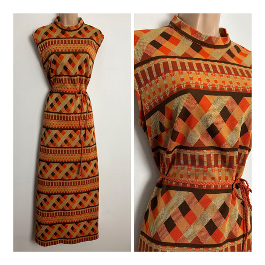 Vintage Late 1960s WINDSMOOR UK Size 14-16 Orange Brown & Gold Lurex Diamond & Stripe Print Belted Occasion Maxi Dress