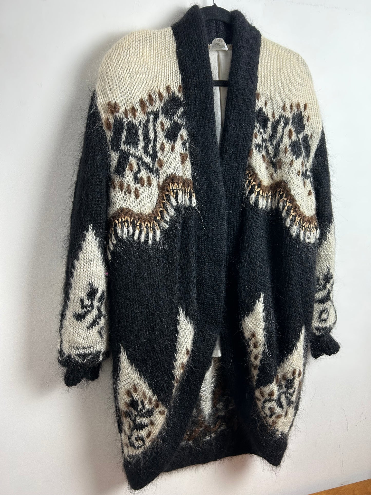 Vintage 1980s Oversize Slouchy Black Cream & Brown Mohair Mix Open Fronted Long Length Cardigan