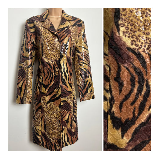 Vintage 1990s SELENE SPORT Size M (12) Tiger & Leopard Print Scale Embossed Wet Look Long Length Jacket/Coat