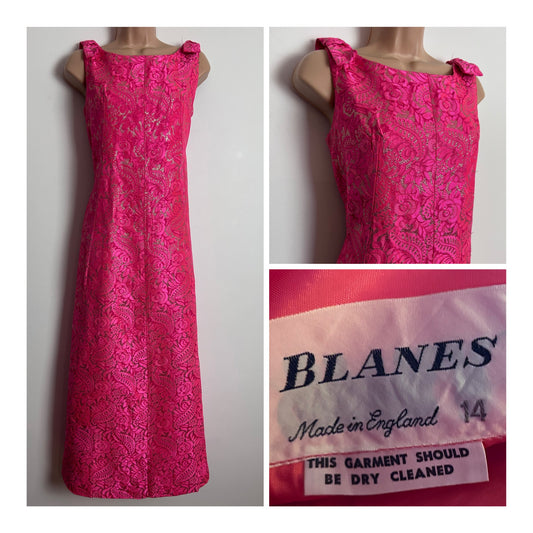 Vintage 1960s BLANES UK Size 12 Gorgeous Pink & Gold Floral Brocade Bow Shoulder Detail Occasion Maxi Dress