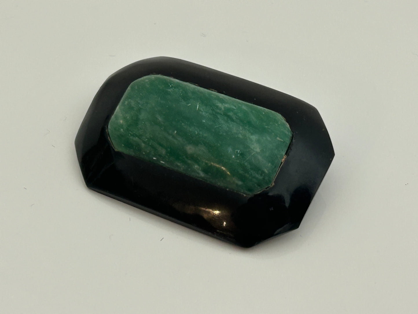 Vintage Homemade Black & Green Marble Effect Plastic Art Deco Shape Pin Brooch