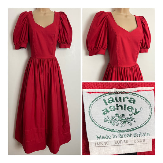 Vintage 1980s LAURA ASHLEY UK Size 6 (UK Size 10) Red Cotton Short Puffed Sleeve Gather Pleated Ballgown Dress
