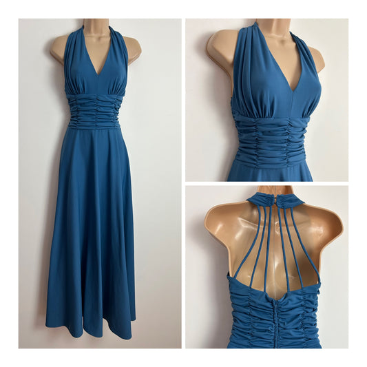 Vintage 1970s Size 6 Dark Dusky Blue Cage Back Ruched Waist Occasion Maxi Dress