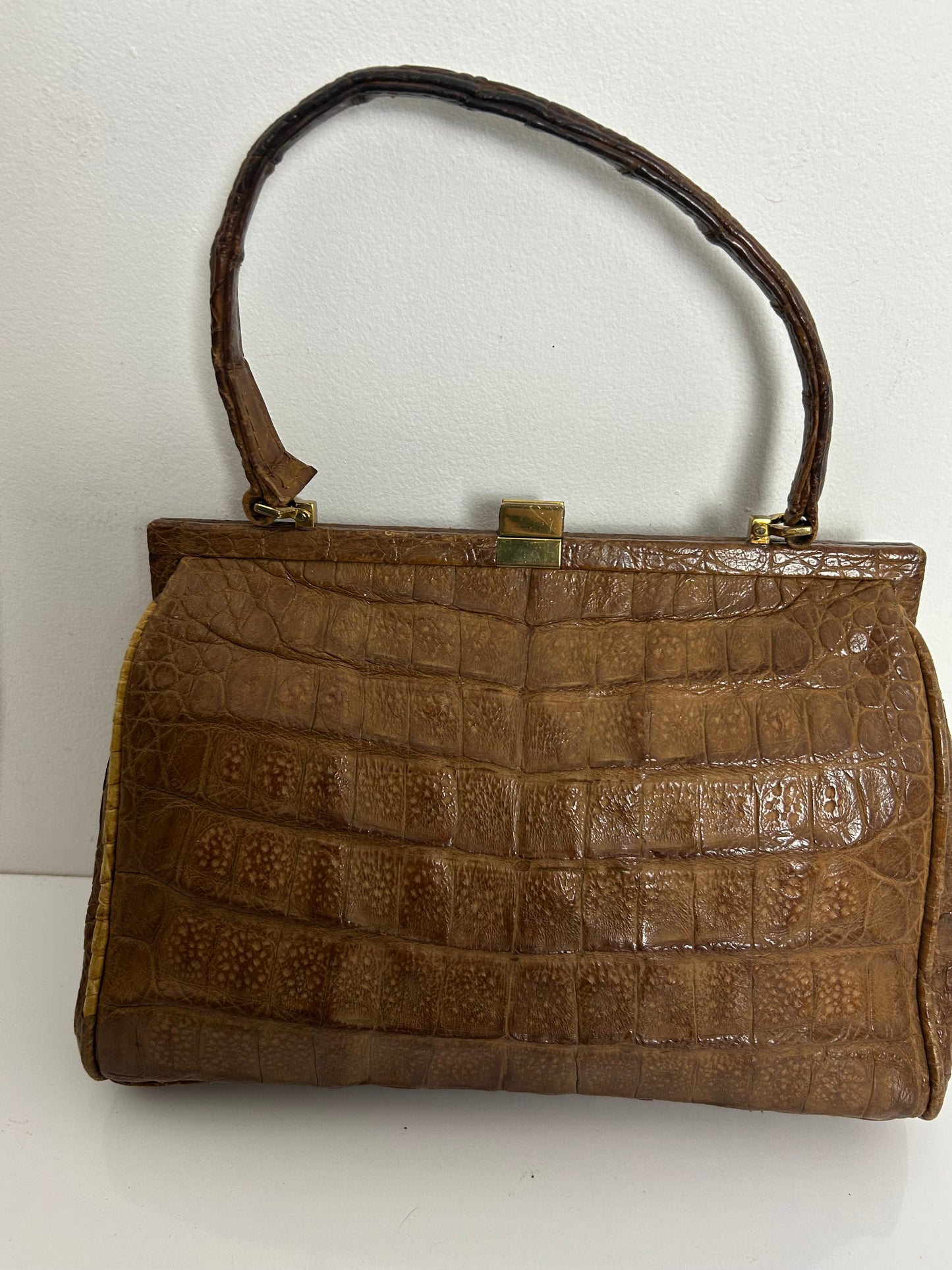 Vintage 1960s Dark Tan Brown Crocodile Leather Kelly Style Handbag
