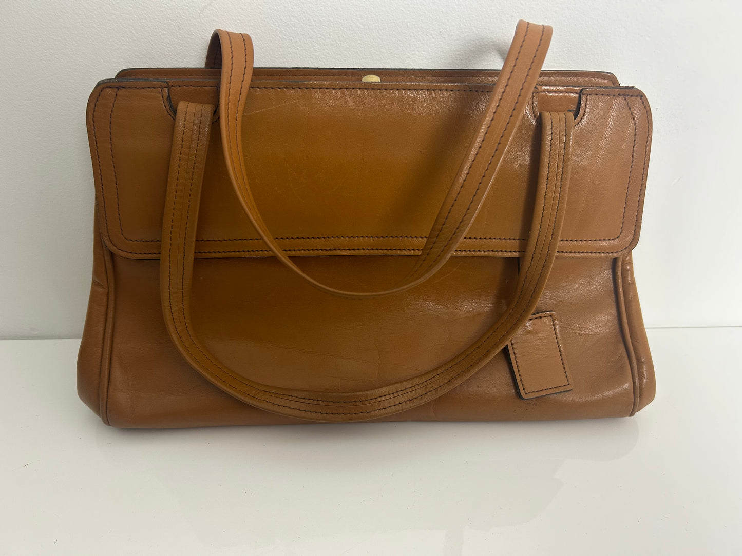 Vintage Late 1960s Tan Brown Top Handles Leather Handbag With Small Matching Coin Purse