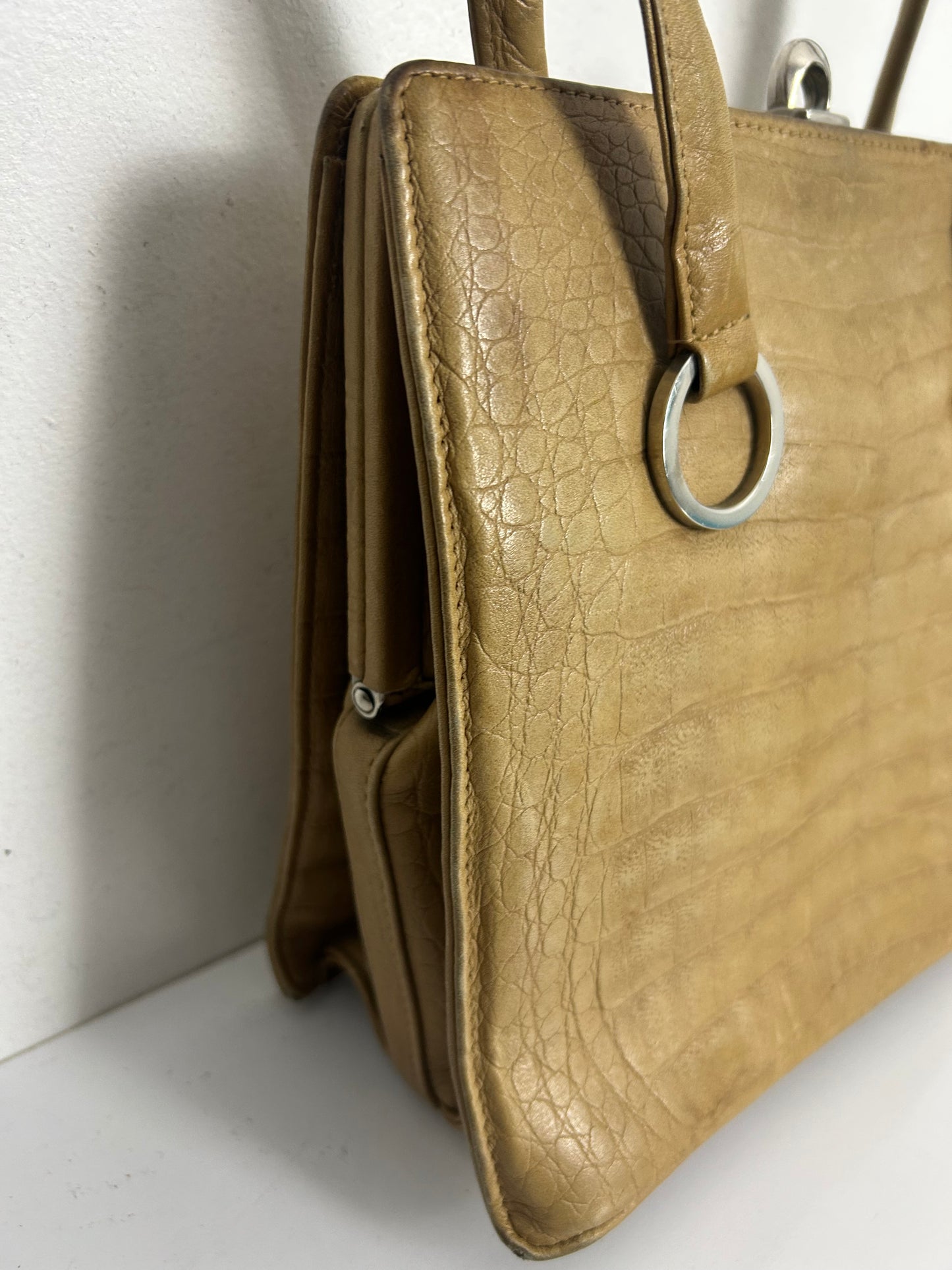 Vintage 50s 60s Beige Leather Double Top Handle Kelly Bag