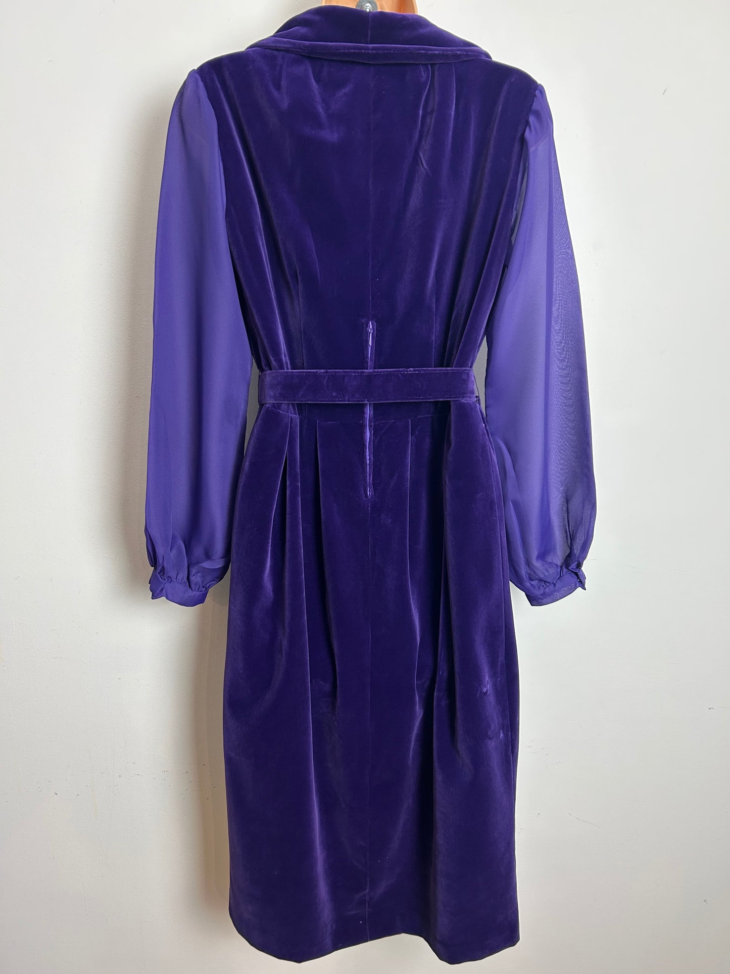 Vintage 1970s Size 10 Purple Velvet & Chiffon Sleeve Belted Dress