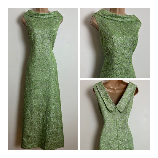 Vintage 1960s Size 8-10 Gorgeous Pale Green & Gold Brocade Evening Dress