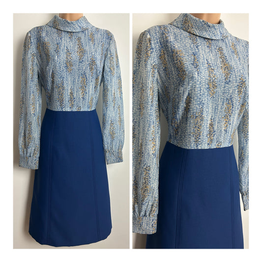 Vintage 1960s PETITE FRANCAISE Size 12 Blue & Sandy Beige Print Long Sleeve Mod Dress