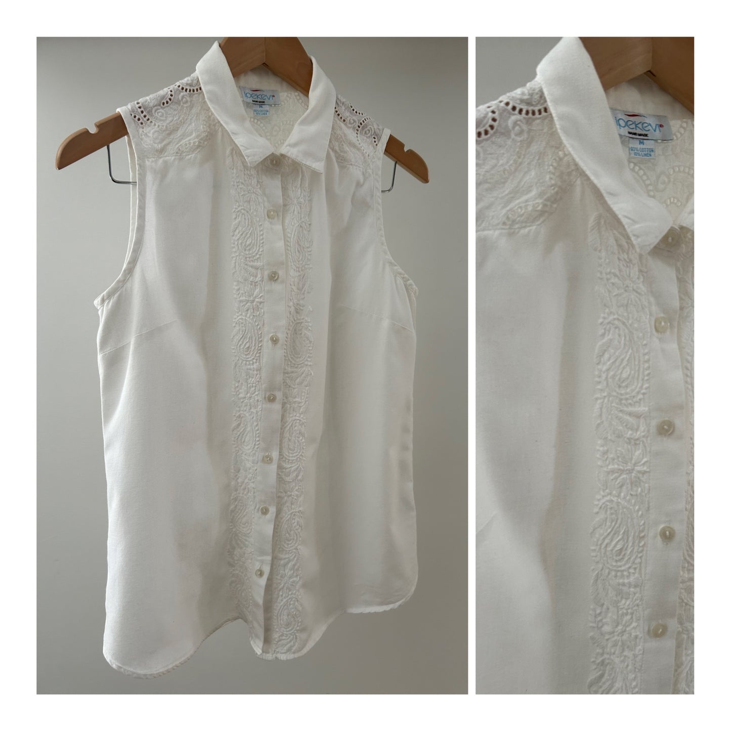 Vintage 1980s UK Size 10 Pretty White Cotton & Linen Mix Embroidered Detail Sleeveless Summer Shirt
