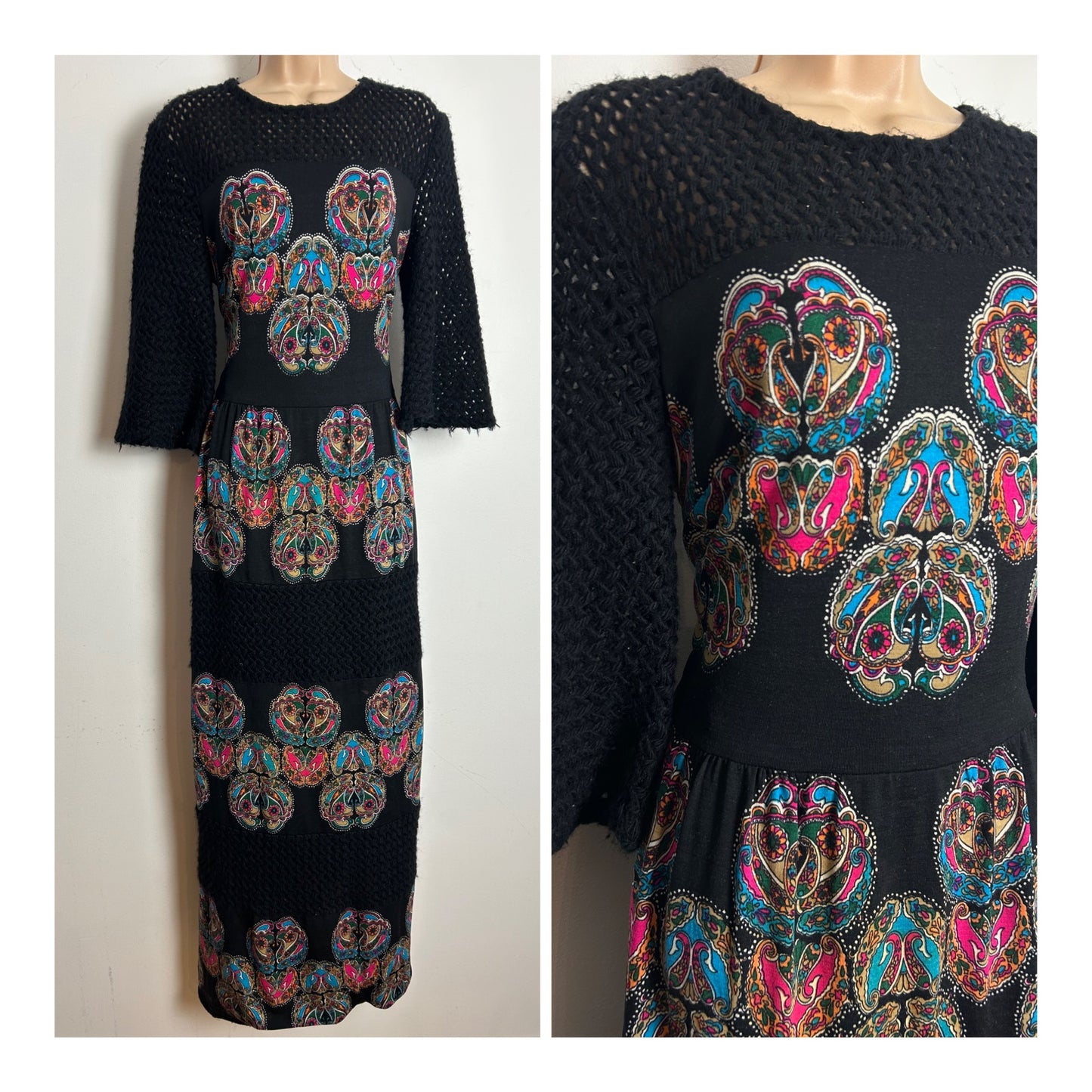 Vintage Early 1970s IRWA Size 12 Black Blue & Pink Nouveau Print Knitted Neck & Sleeves Pure Wool Maxi Dress