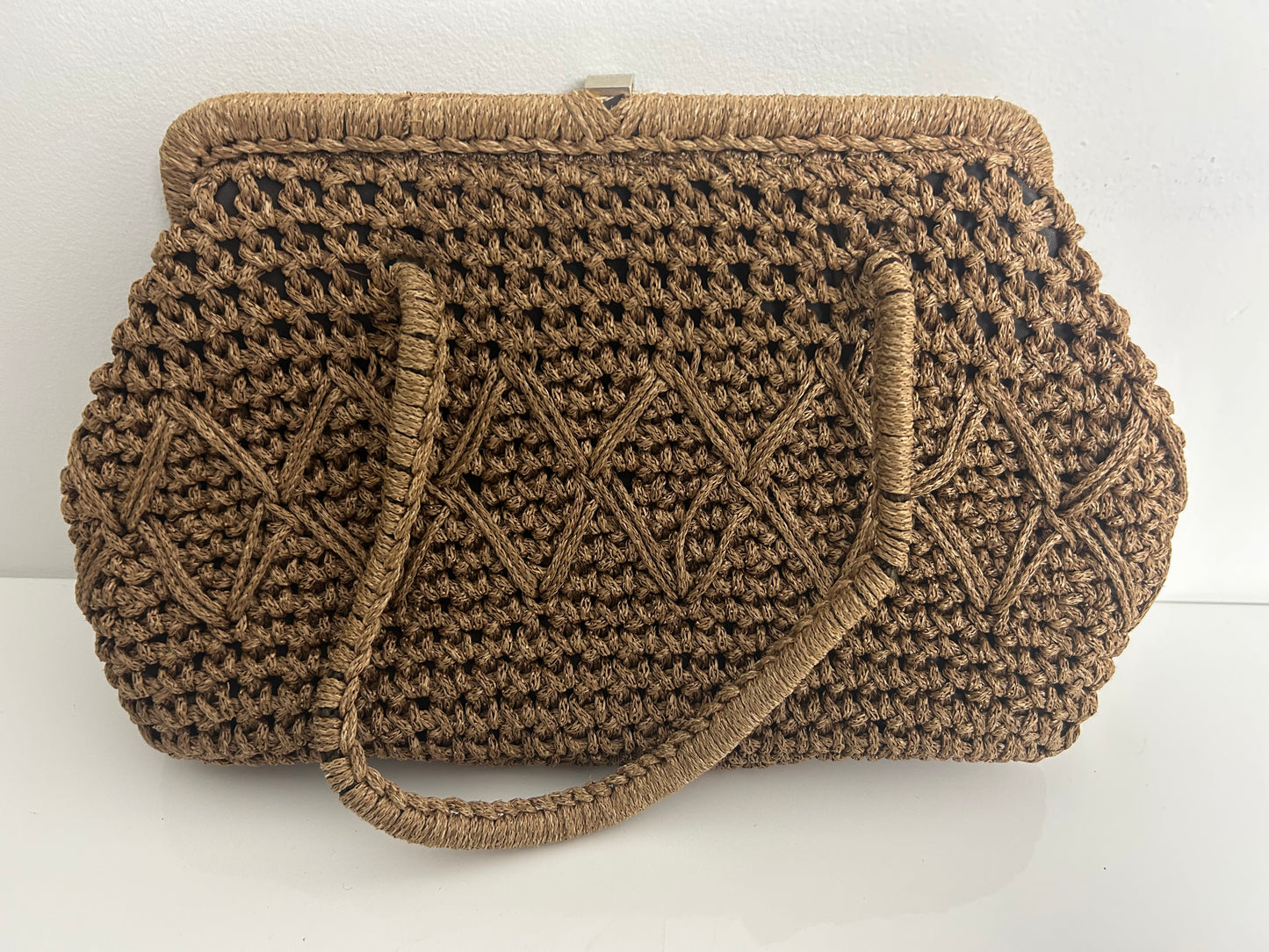 Vintage Late 1950s Pale Brown Woven Raffia Style Double Handle Handbag
