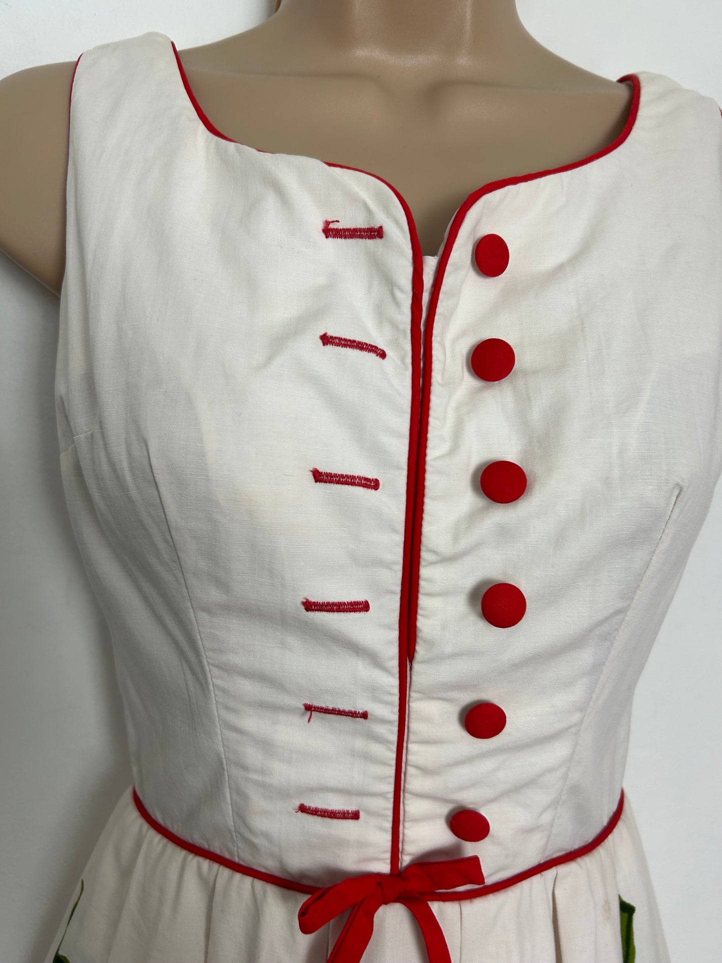 Vintage 1950s BLANES Size 6 AMAZING Cream & Red Strawberry Print Cotton Belted Pleated Dress
