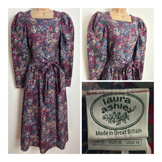 Vintage 1980s LAURA ASHLEY Size 8 (Size 12 On Label) Blue Red & Beige Floral Print Wool Mix Belted Midi Dress