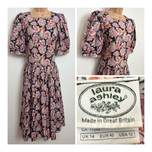 Vintage 1980s LAURA ASHLEY Size 10 Dusky Pink Orange & Green Floral Cotton Tea Dress