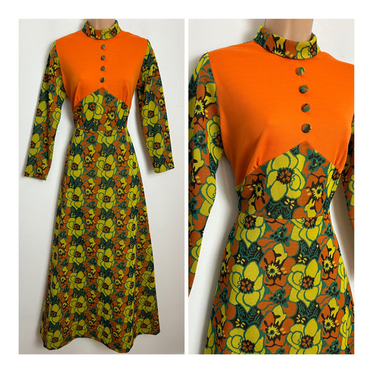 Vintage Early 1970s JEAN PAUL Size 10 Chartreuse Green & Orange Floral Print Crimplene Long Sleeve Maxi Dress