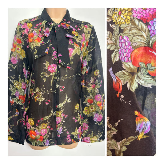Vintage 1970s ZAZIE Size 14 Black Orange & Pink Floral Fruit & Bird Print Pussy Bow Semi Sheer Blouse