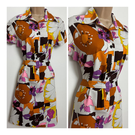 Vintage 1960s SUSAN VAN HEUSEN Size 14 White Orange Purple & Yellow Psychedelic Floral Print Belted Mod Dress