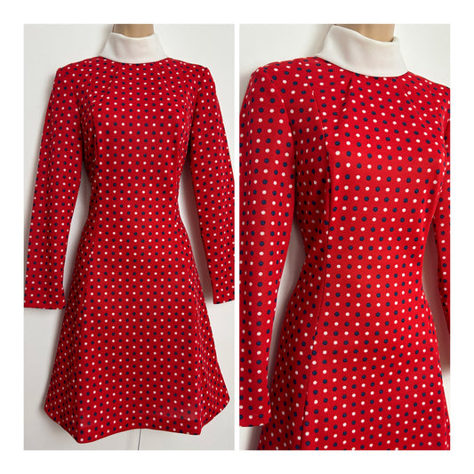 Vintage 1960s Size 8 Cute Red Navy Blue & White Polka Dot Long Sleeve Mod Dress