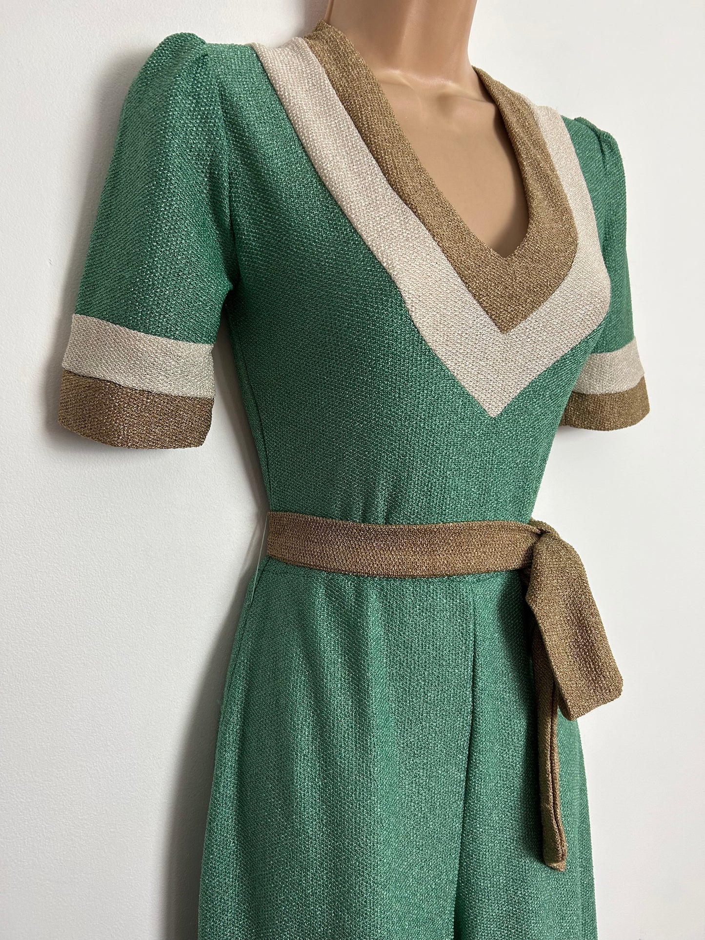 Vintage 1970s VAN ALLEN UK Size 6-8 Green Beige & Brown Stripe Short Sleeve Belted Wide Leg Palazzo Jumpsuit