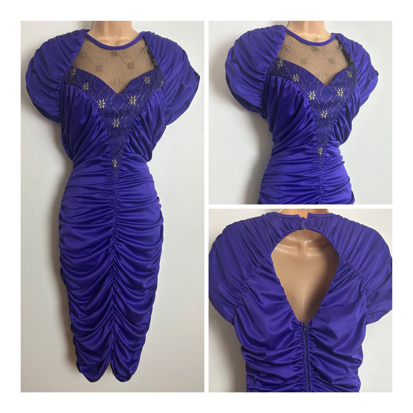 Vintage 1980s Size 10-12 Purple Ruched Draped Mesh Panel Open Back Fitted Wiggle Xmas Party Dress