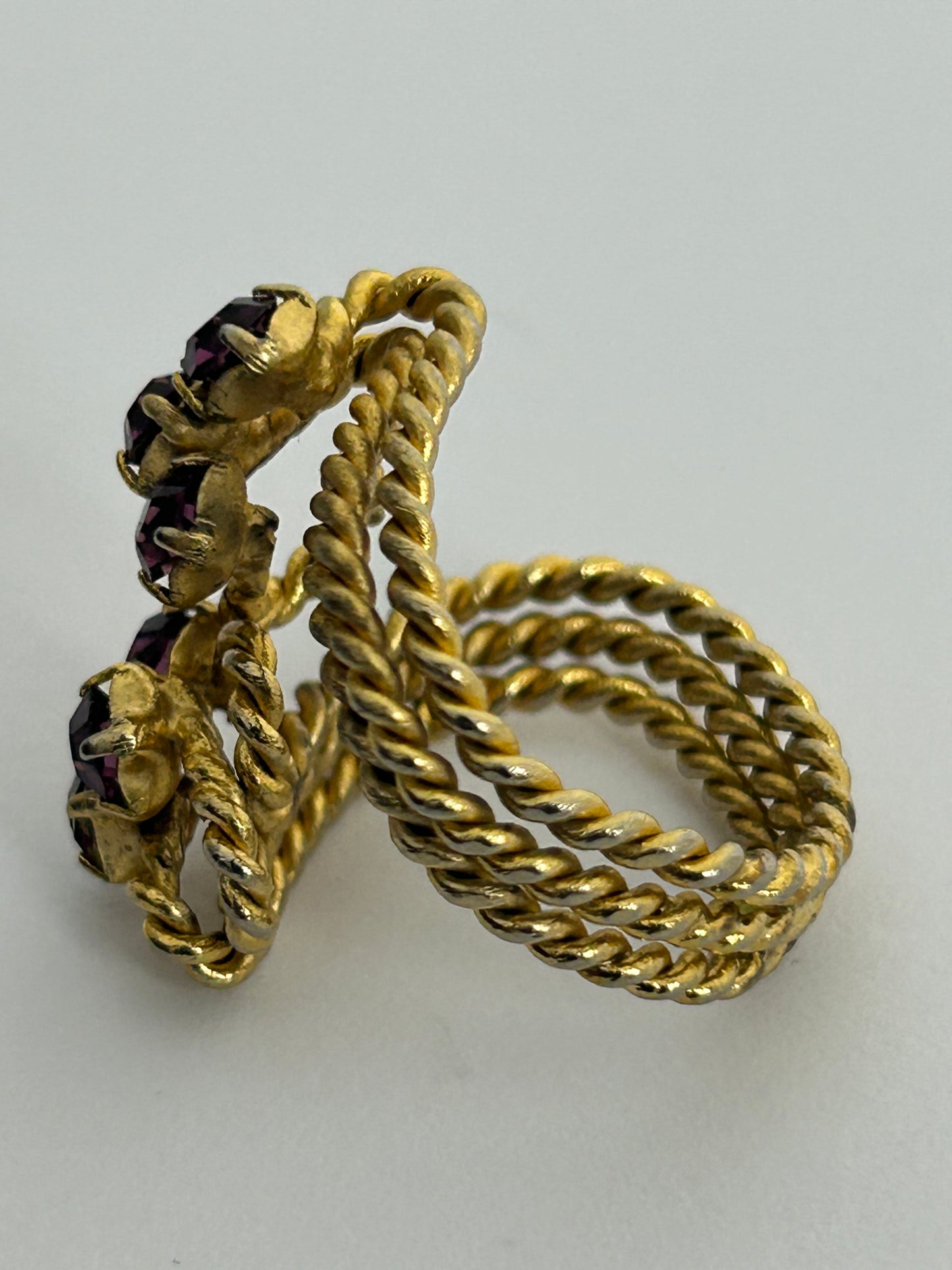 Vintage Gold Tone Base Metal Triple Strand Purple Diamante Stone Wrap Ring Size P