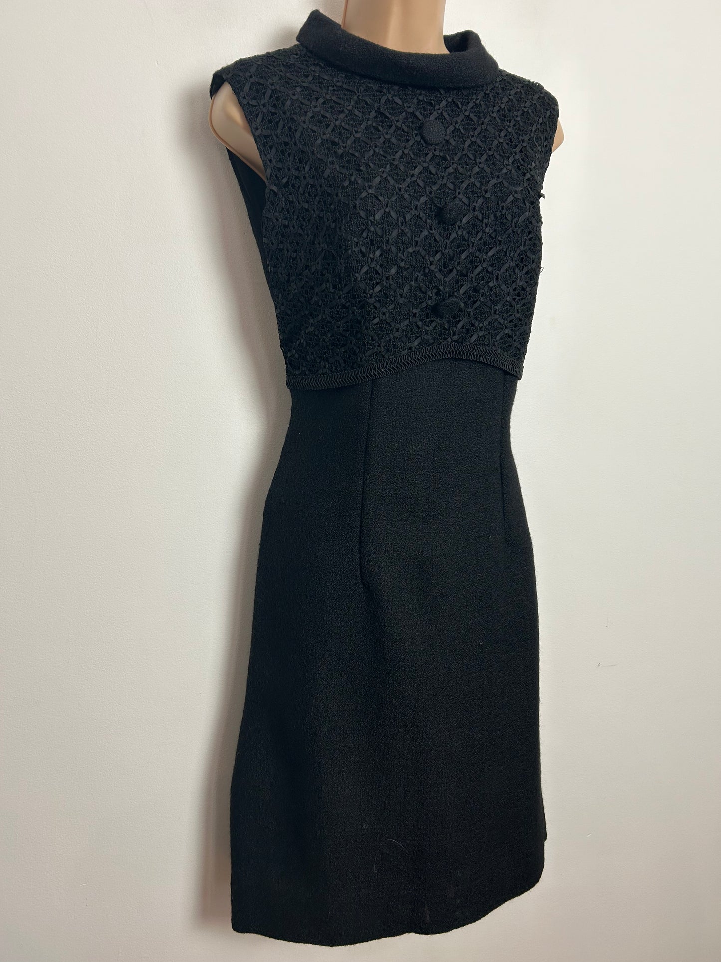 Vintage 1960s UK Size 8 Black Pure New Wool Ribbon Trim Crochet Lace Little Black Dress