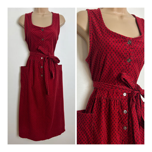Vintage 1980s LAURA ASHLEY Size 10 Dark Red & Blue Ditsy Print Needlecord Belted Pocket Detail Midi Dress