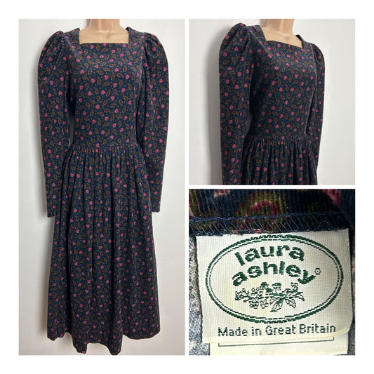 Vintage 1980s LAURA ASHLEY UK Size 10 (Size 12 On Label) Navy Blue & Pink Floral & Paisley Print Cotton Needlecord Midi Dress