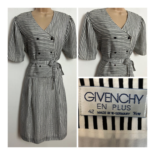 Vintage 1980s Designer GIVENCHY EN PLUS Size 14 Black & White Stripe Belted Pleated Day Dress