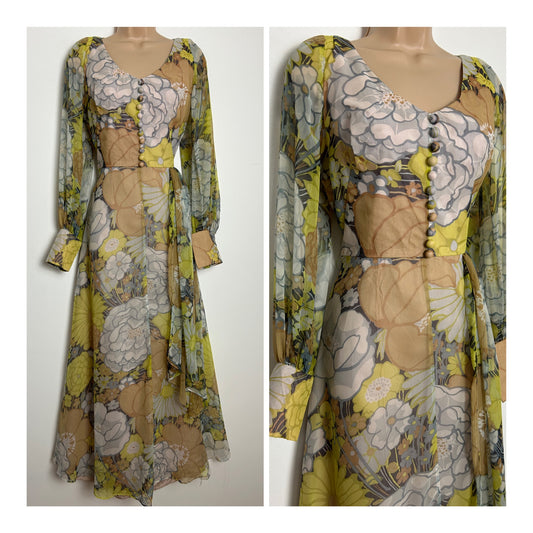 Vintage 1970s BERKERTEX Size 10 Grey Brown & Yellowy Green Floral Print Chiffon Maxi Dress