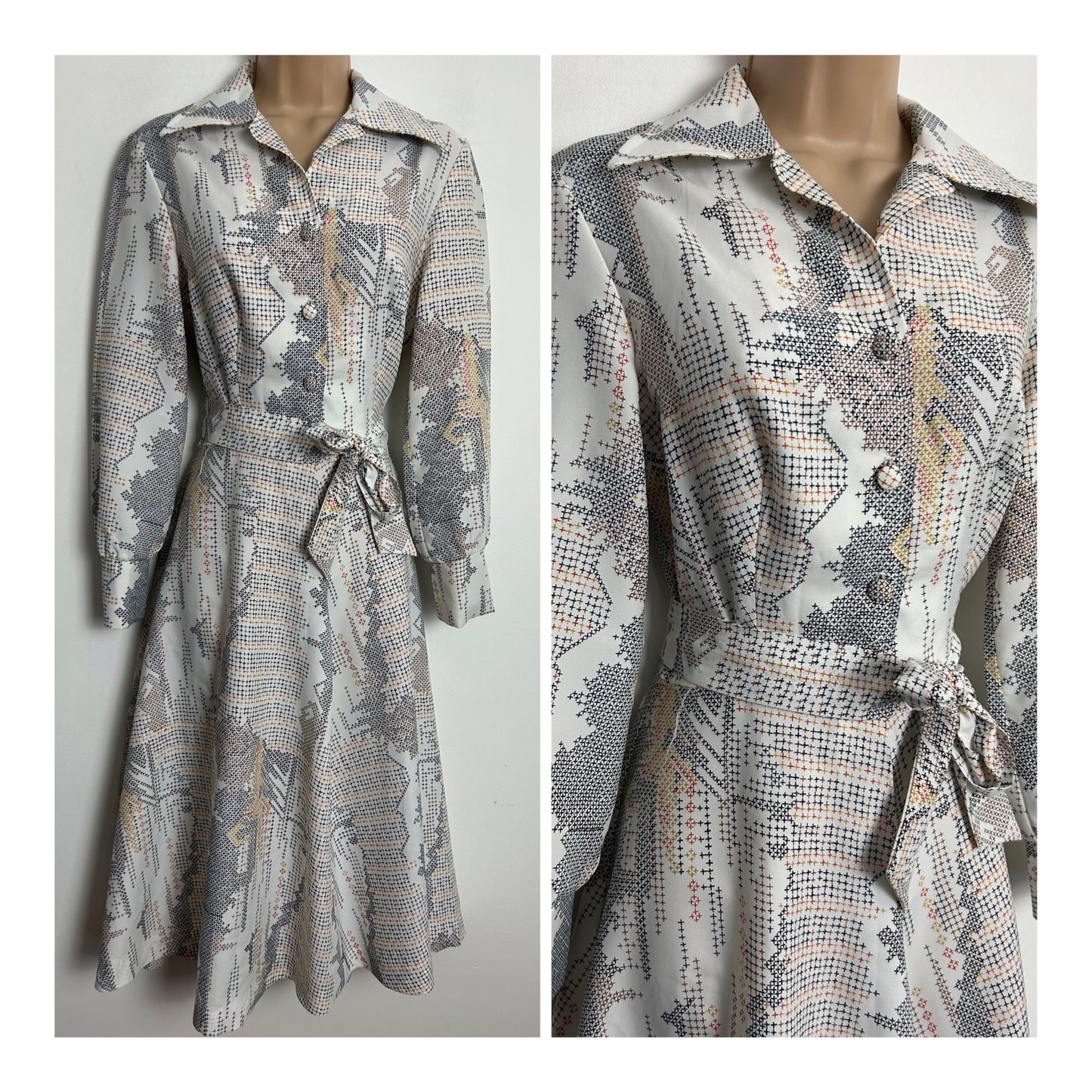 Vintage 1970s UK Size 8-10 Winter White Abstract X Print Long Sleeve Belted Day Dress By St Germain