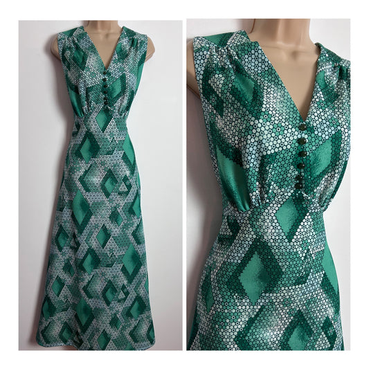 Vintage 1970s ATLANTIC Size 12 Green Tones Circle Diamond Print Sleeveless Maxi Dress