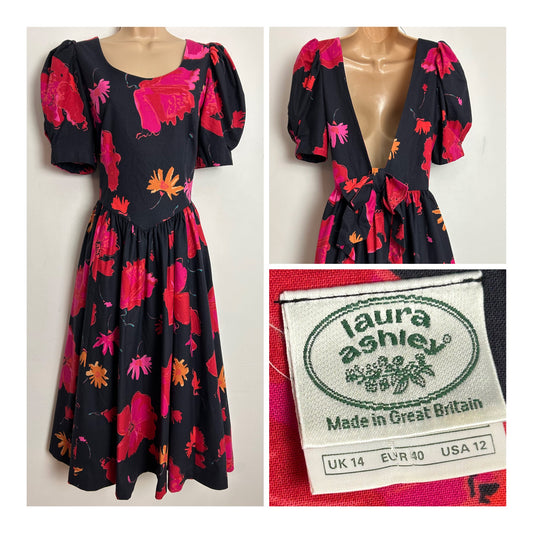 Vintage 1980s LAURA ASHLEY UK Size 10 (Size 14 On Label) Black Pink & Orange Bold Floral Print Bow Back Gown Dress