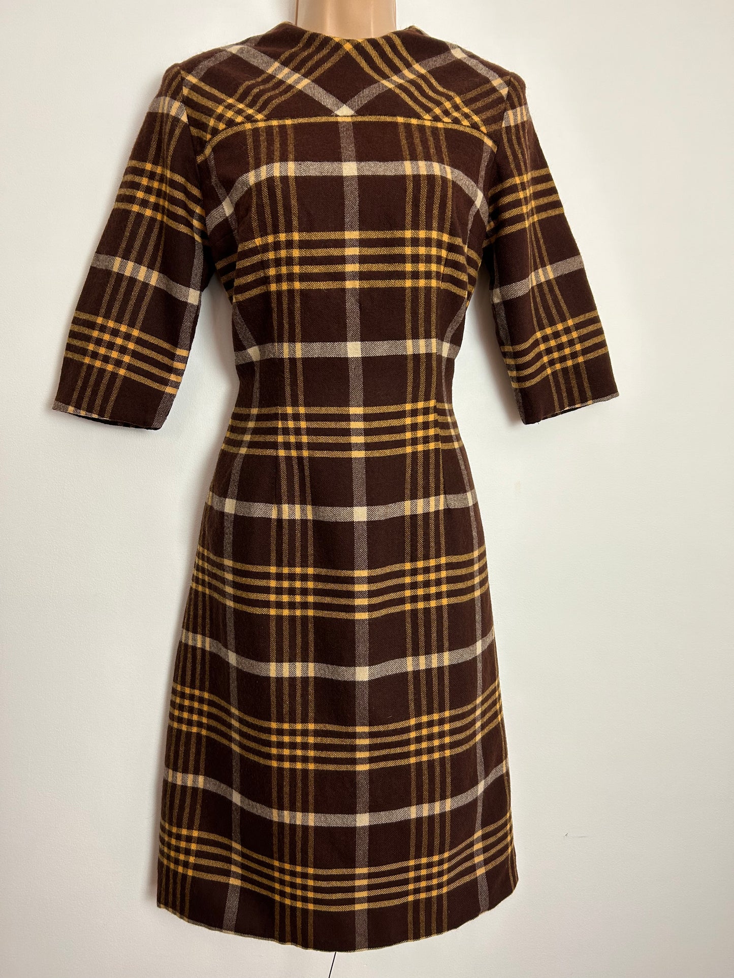 Vintage 1960s UK Size 8 Brown & Mustard Yellow Check Print Wool Mod Day Dress