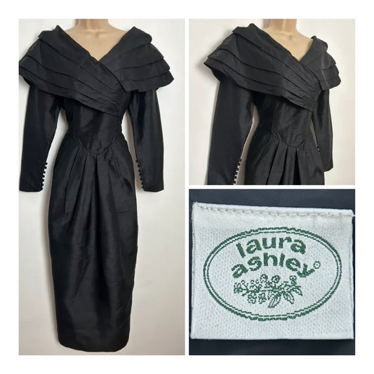 Vintage 1980s LAURA ASHLEY UK Size 8 (Size 10 On Label) Stunning Black 100% Pure Silk Bardot Evening Cocktail Dress