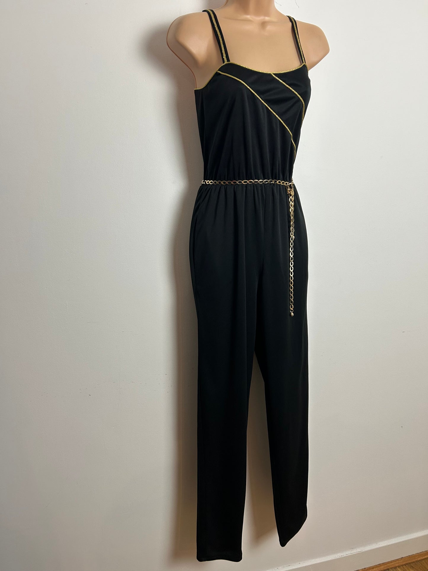 Vintage 1980s Size 6 Black & Metallic Gold Piping Trim Strappy Belted Tapered Evening Party Jumpsuit