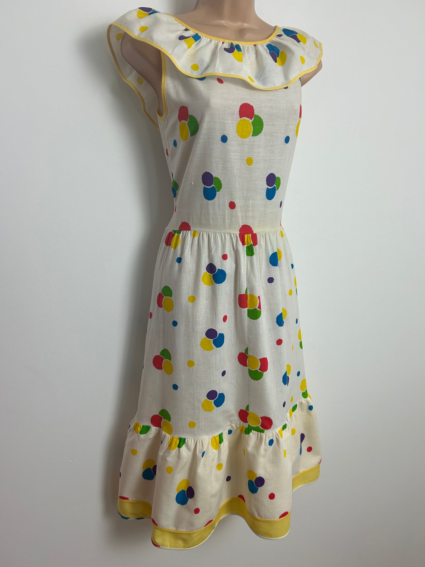 Vintage Early 1980s Size 6-8 White Yellow Pink Green & Blue Spotty Print Cotton Summer Day Dress