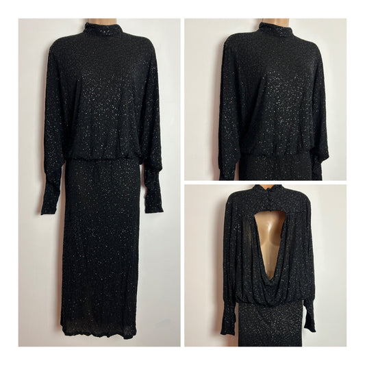 Vintage 1980s WALLIS EXCLUSIVE UK Size 10 Black Sequin Long Bat Wing Sleeve Open Drape Back Evening Party Dress