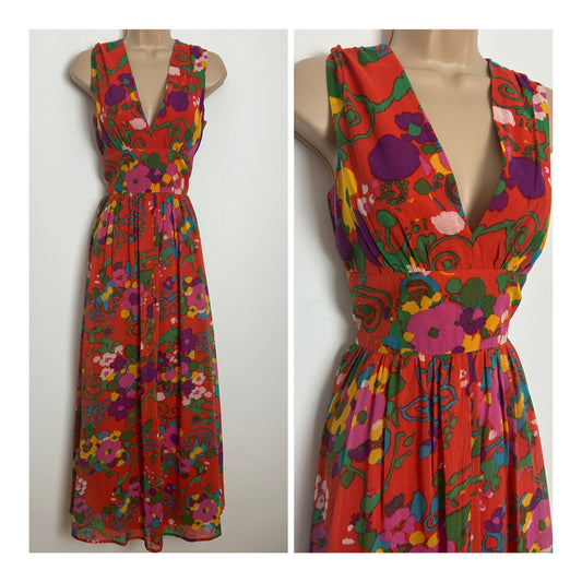 Vintage 1970s RARE MARCEL FENEZ Size 8 Red Green Pink Purple & Yellow Floral Print Summer Maxi Dress