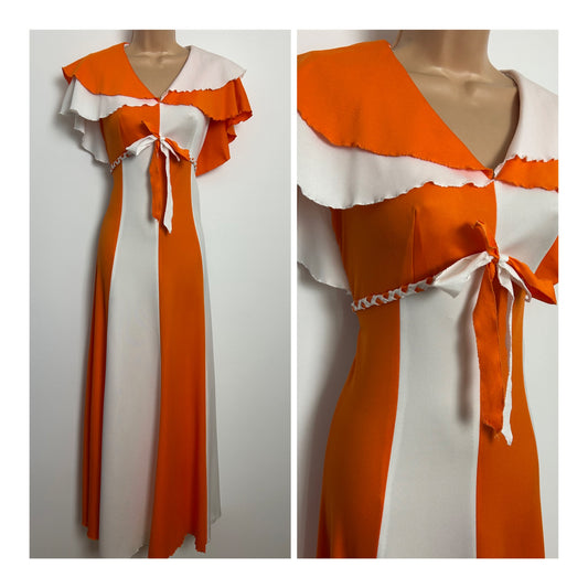 Vintage 1970s Size 10 Orange & White Panelled Cape Sleeve Vibrant Summer Maxi Dress