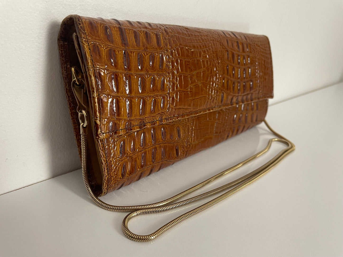 Vintage 1970s Tan Brown Leather Reptile Clutch Or Shoulder Bag