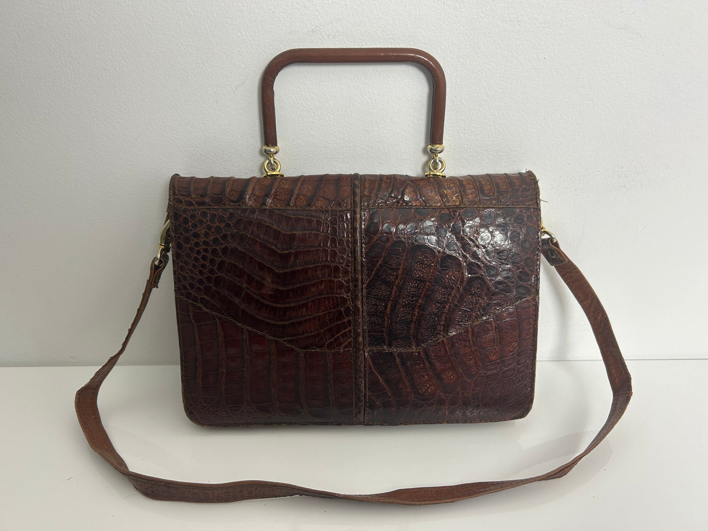 Vintage Late 1960s Early 1970s Brown Mock Croc Leather Handbag Or Shoulder Strap
