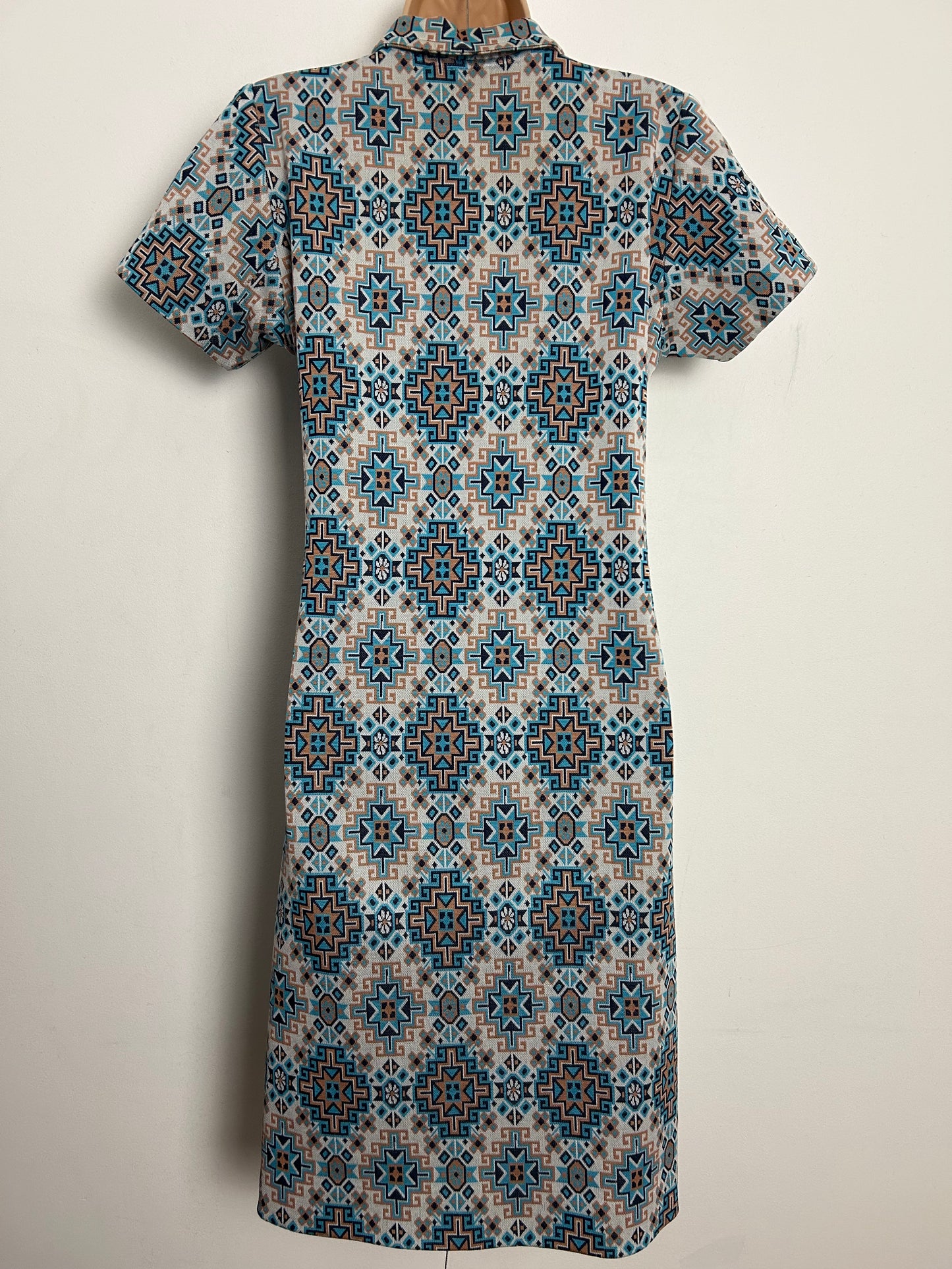 Vintage 1960s UK Size 10 Off White Blue & Sandy Beige Abstract Geo Print Mod Shift Dress