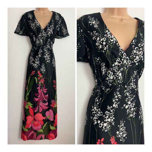Vintage 1970s C&A UK Size 16 Black White & Pink Tones Floral Print Short Sleeve Maxi Dress