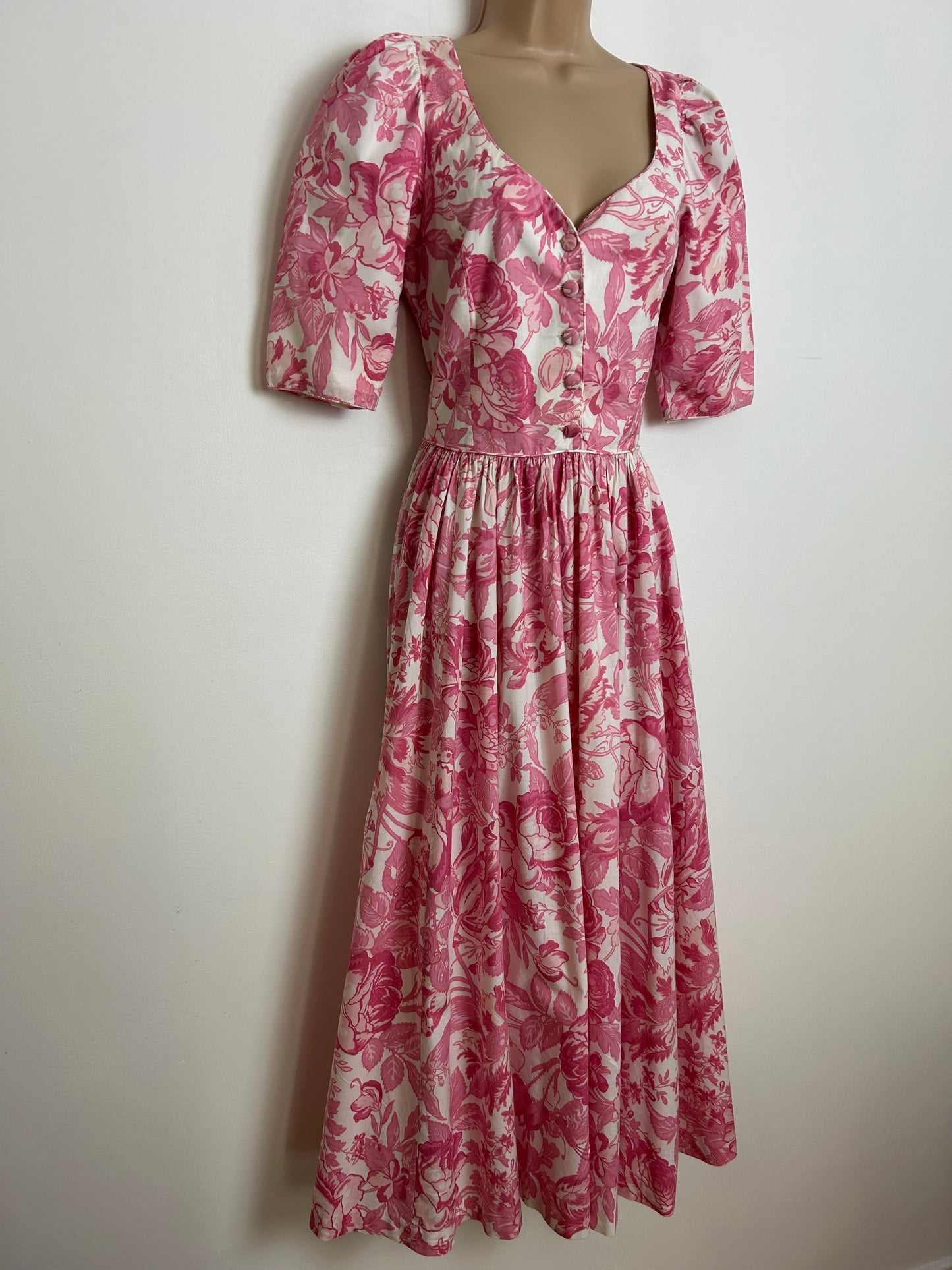 Vintage 1980s LAURA ASHLEY Size 10 (14 On label) Pink & white Floral Bird & Butterfly Print Cotton Midi Dress
