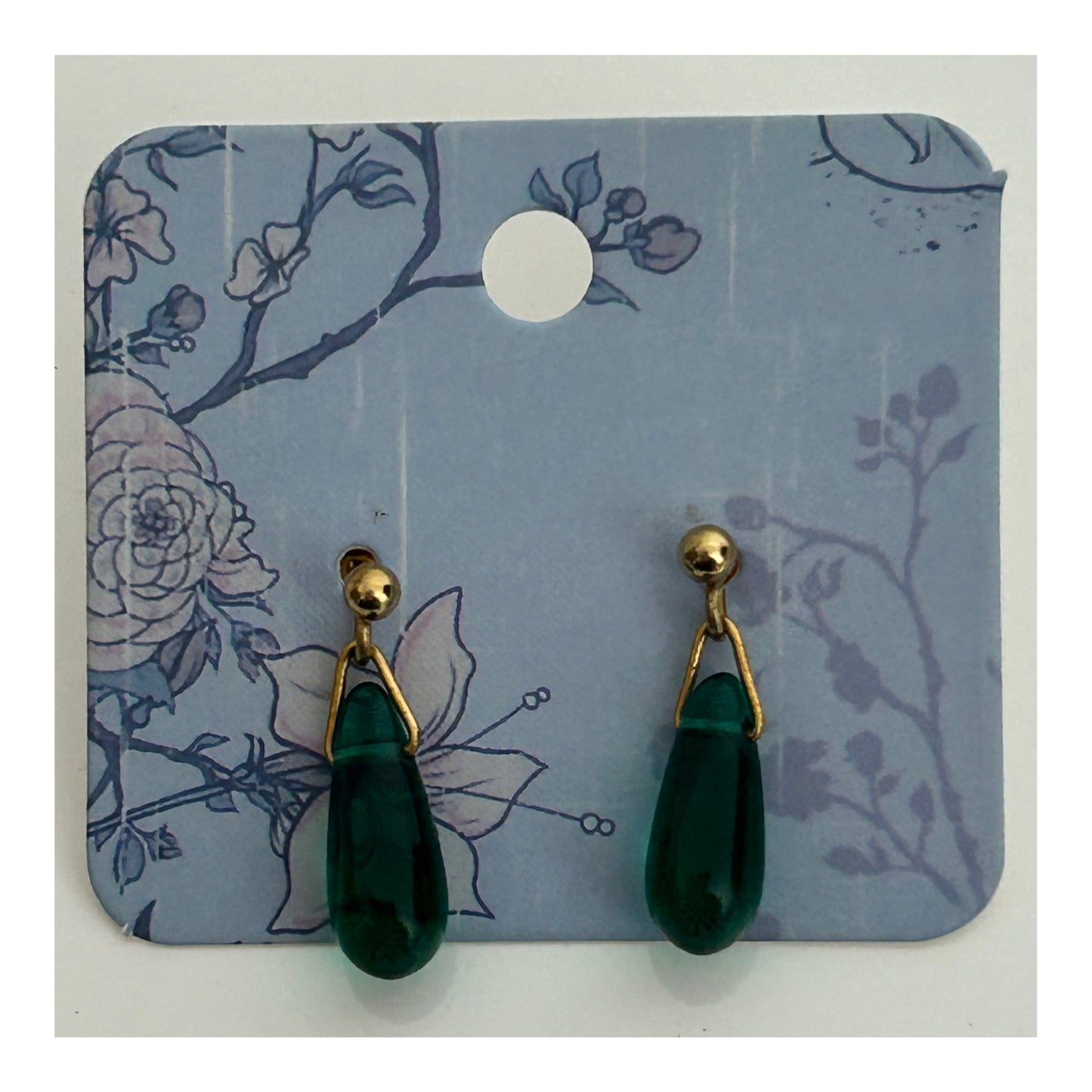 Vintage Gold Tone & Teal Green Glass Tear Drop Earrings